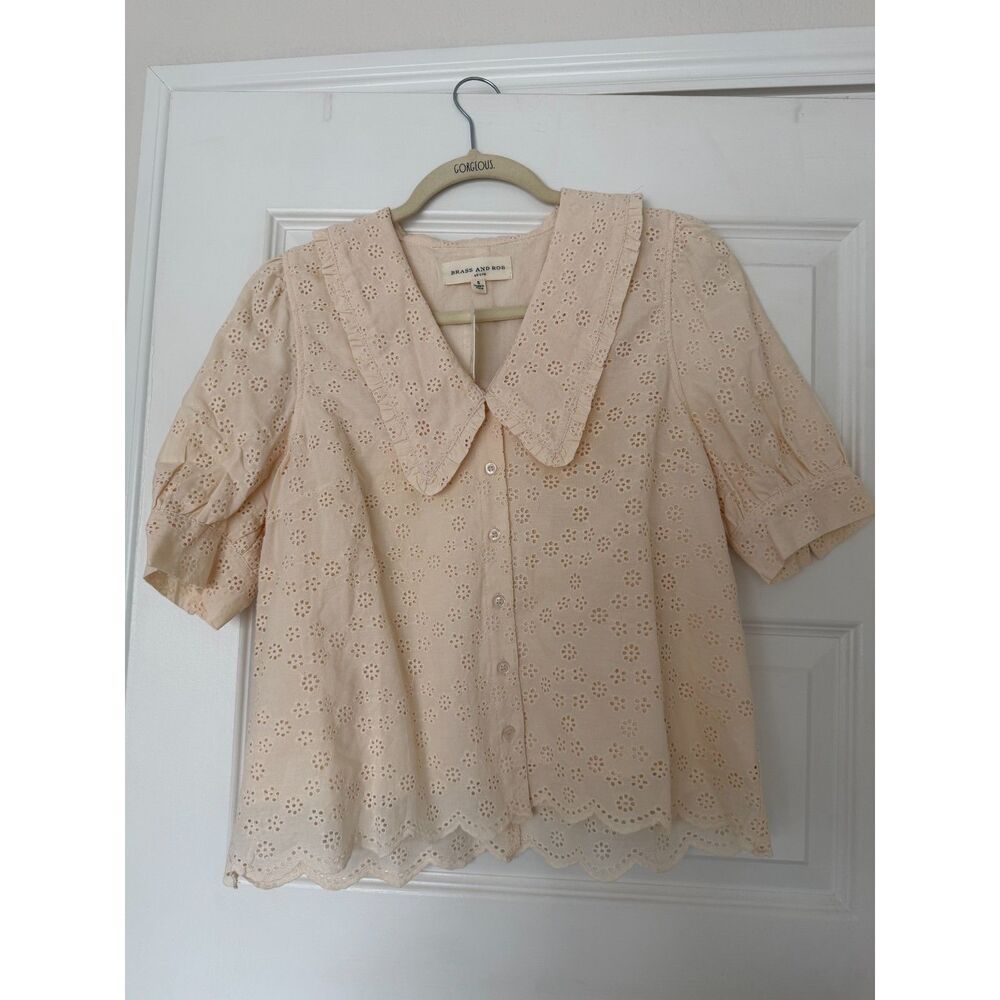 NWT Brass & Roe Called to Surf Eyelet Peter Pan Collar Blouse Cream